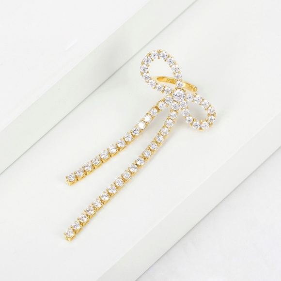 Ribbon Bow Ear Cuff 14k Gold Plated CZ Stone Luxury Jewelry - Picture 2 of 9